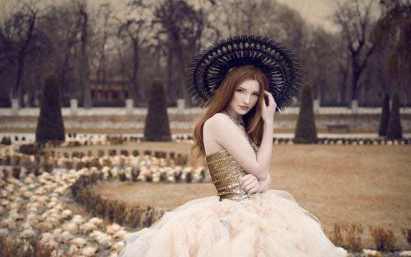 Women Model Outdoor Bokeh Hat Brunette Dress Park HD Wallpaper | Background Image