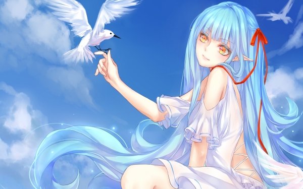 Anime Girl Long Hair Blue Hair Pigeon Yellow Eyes HD Wallpaper | Background Image