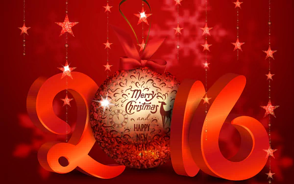 Vibrant red 2K Quad HD PC desktop wallpaper and background featuring decorative 2016 digits, a Merry Christmas ornament, hanging stars and ribbons celebrating the holiday and New Year 2016.