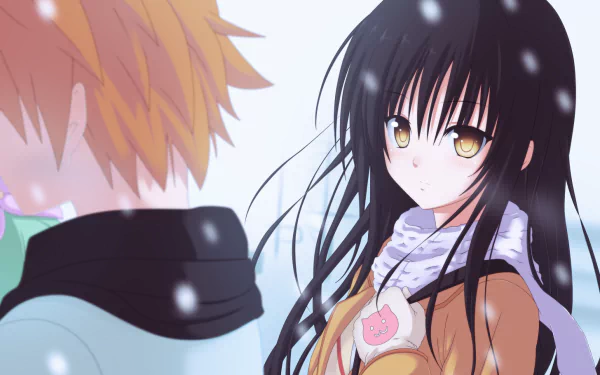 A beautiful HD desktop wallpaper featuring Rito Yuuki and Yui Kotegawa from *To Love-Ru*, set against a serene snowfall backdrop, showcasing Yui's long black hair and golden eyes.