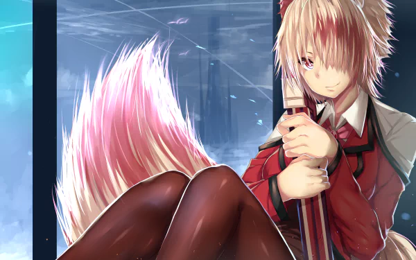 Anime-style original character with red eyes, short pink hair, and a fox tail, wearing a uniform and pantyhose, smiling while holding a sword in a 4K Ultra HD desktop wallpaper.