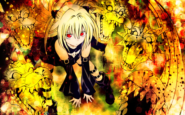 A striking HD wallpaper featuring Golden Darkness, the blonde assassin with red eyes and short hair, surrounded by fierce dragon heads, set against a vibrant, dramatic background.