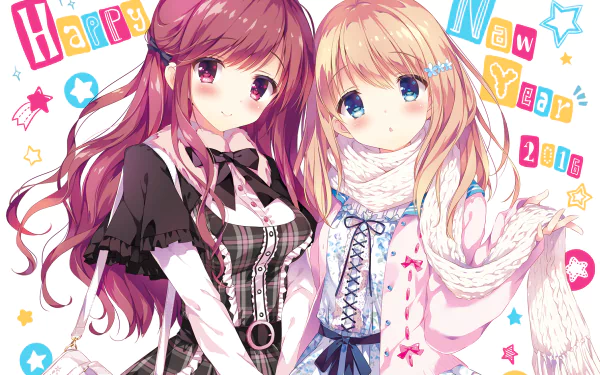 Two anime characters, one with long red hair and the other with blonde hair and blue eyes, wear winter outfits with scarves, celebrating New Year 2016 against a colorful background.