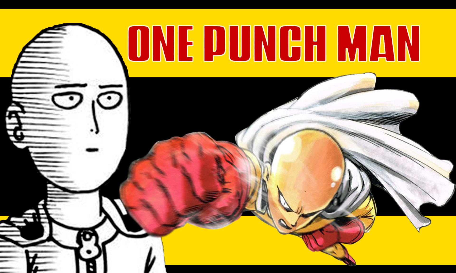 HD PC desktop wallpaper featuring Saitama from the anime One-Punch Man, showcasing his intense punch against a yellow and red background with the series title.
