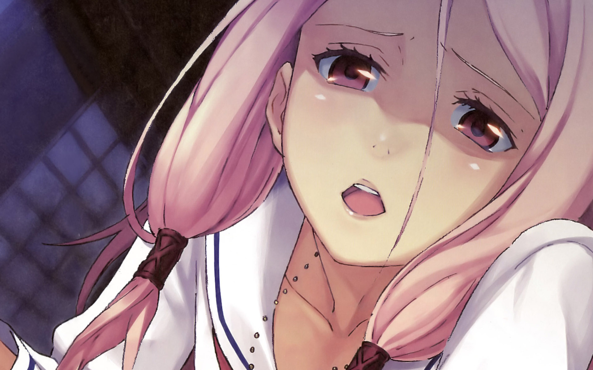 A captivating HD wallpaper featuring Inori Yuzuriha from Guilty Crown, showcasing her striking red eyes and long pink hair, evoking a sense of emotion and intensity.