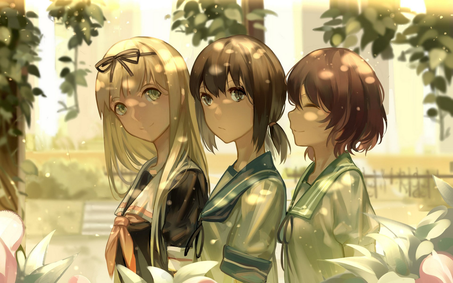 HD anime desktop wallpaper featuring blonde, black, and brown-haired girls in school uniforms—Yuudachi, Mutsuki, and Fubuki from Kantai Collection—surrounded by leafy sunlight.