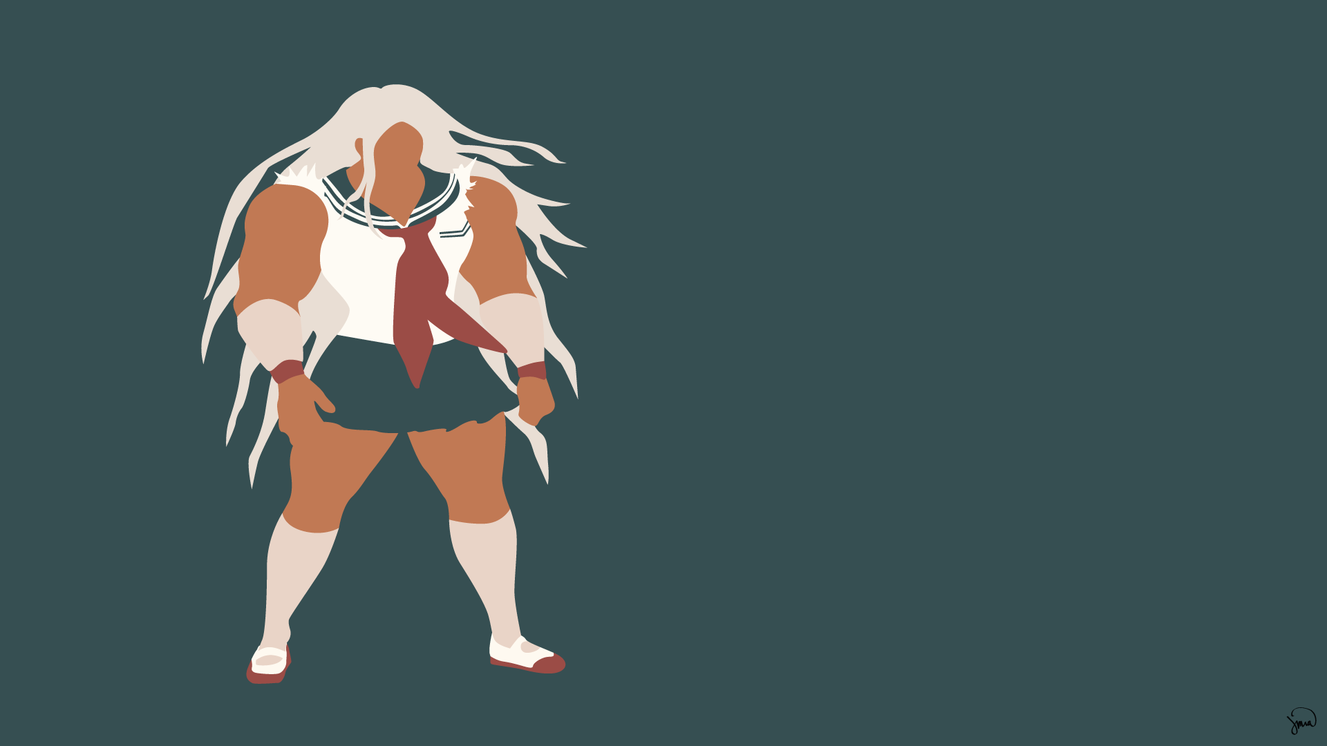 Minimalist HD wallpaper of Sakura Ōgami from Danganronpa, featuring her strong stance and flowing white hair against a solid dark background.