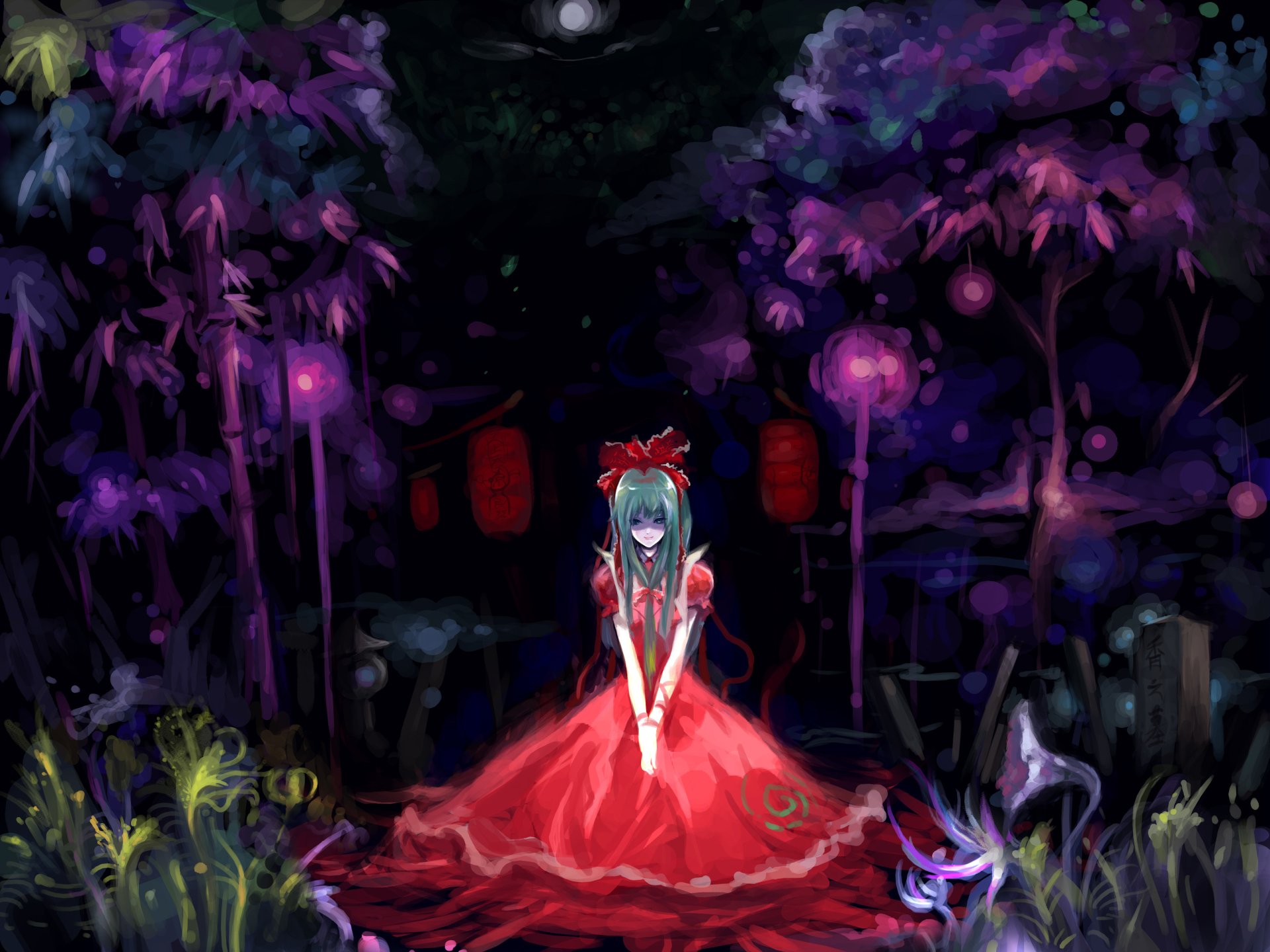 HD PC wallpaper featuring Hina Kagiyama from Touhou, with long green hair and a red dress, set against a dark, mystical anime-style forest background.