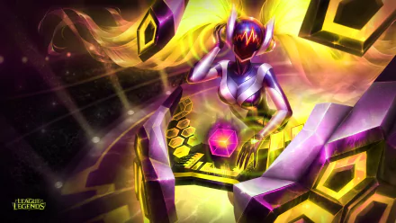 HD desktop wallpaper featuring DJ Sona from League of Legends, surrounded by vibrant music and neon elements inspired by the video game.