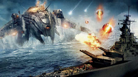 A dynamic scene featuring a warship from the movie Battleship, showcasing a fierce battle against an alien foe amidst explosions and heavy firing, presented as an HD desktop wallpaper.