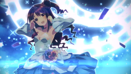 Uzuki Shimamura, a character from iDOLM@STER Cinderella Girls, poses energetically with long brown hair and brown eyes, set against a vibrant blue background in this 4K Ultra HD wallpaper.