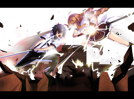 Tohka Todo and Ikki Kurogane clash in an intense battle from Chivalry of a Failed Knight, captured in this dynamic HD anime wallpaper.