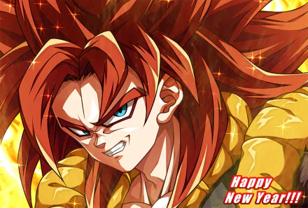 HD desktop wallpaper featuring Gogeta in Super Saiyan 4 form from Dragon Ball GT and Dragon Ball Super, with vibrant colors and a Happy New Year!!! message in the corner.