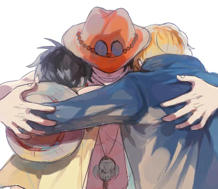 HD desktop wallpaper of Portgas D. Ace, Monkey D. Luffy, and Sabo from One Piece hugging, showcasing their strong bond and featuring smiling faces, black hair, and hats in an anime style.