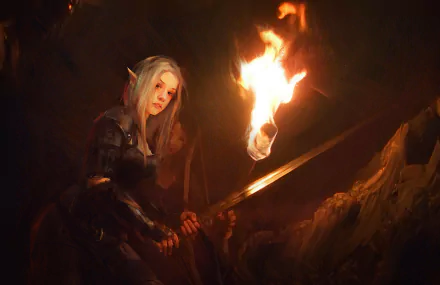 A fierce female elf warrior holds a sword in one hand and a torch in the other, illuminating a dark fantasy setting. This HD image captures the essence of adventure and bravery.