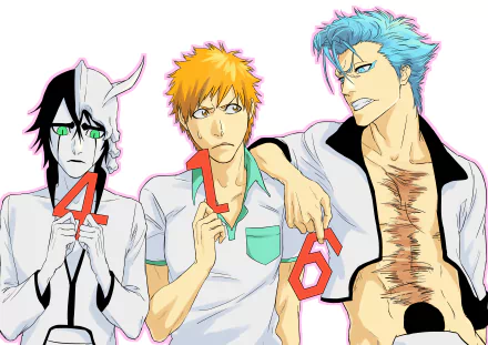 A vibrant 4K Ultra HD wallpaper featuring characters Grimmjow Jaegerjaquez, Ulquiorra Cifer, and Ichigo Kurosaki from the anime Bleach, holding up numbers 4 and 6.