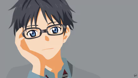 HD anime desktop wallpaper featuring Kousei Arima from Your Lie in April, showcasing his thoughtful expression against a simple gray background.