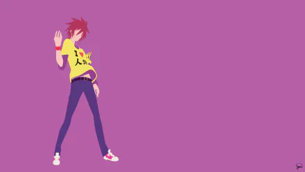 A minimalist HD wallpaper featuring Sora from No Game No Life, showcasing red hair, a yellow shirt with I ❤️ Anime, and stylish jeans against a vibrant purple background.