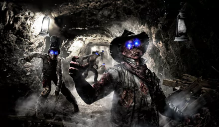 HD desktop wallpaper featuring zombies with glowing blue eyes in a dark tunnel, inspired by the video game Call of Duty: Black Ops II.