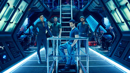 HD PC desktop wallpaper featuring Naomi Nagata, Alex Kamal, James Holden, and Amos Burton from the TV show The Expanse in a futuristic spaceship interior.