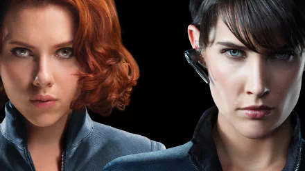Two fierce female heroes from the Avengers: Natasha Romanoff (Black Widow) portrayed by Scarlett Johansson and Maria Hill played by Cobie Smulders, featured in this HD wallpaper.