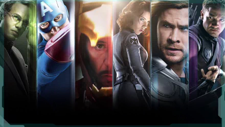 A striking HD wallpaper featuring key Avengers characters: Bruce Banner, Captain America, Iron Man, Black Widow, Thor, and Hawkeye, showcasing their iconic looks from the movie The Avengers.
