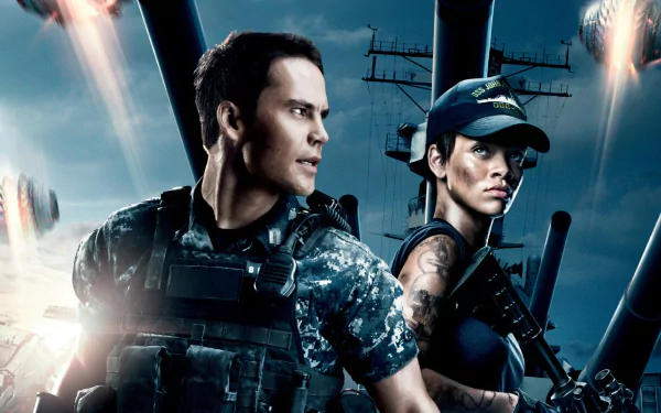 High-definition wallpaper featuring Taylor Kitsch and Rihanna from the movie Battleship, showcasing an intense scene with military elements and a dramatic backdrop.