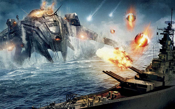 A dynamic scene featuring a warship from the movie Battleship, showcasing a fierce battle against an alien foe amidst explosions and heavy firing, presented as an HD desktop wallpaper.