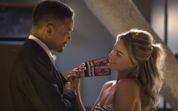 Will Smith and Margot Robbie in a focused movie scene, featured in a 4K Ultra HD PC desktop wallpaper and background.