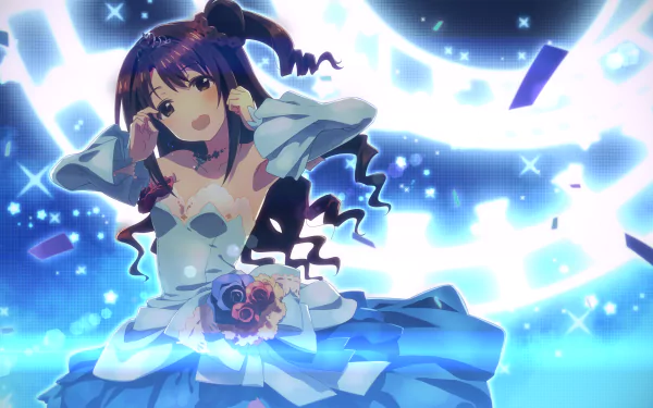 Uzuki Shimamura, a character from iDOLM@STER Cinderella Girls, poses energetically with long brown hair and brown eyes, set against a vibrant blue background in this 4K Ultra HD wallpaper.