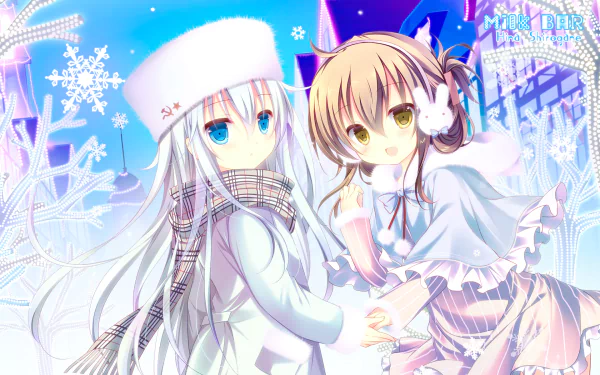 Two anime characters, Hibiki and Inazuma from Kantai Collection, stand together in a winter scene, adorned in scarves, with snowy backgrounds and vibrant colors.
