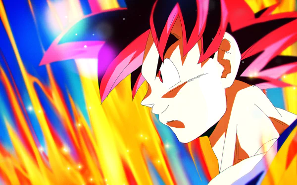 HD wallpaper featuring Goku from Dragon Ball Super, showcasing his determined expression against a vibrant background of fiery colors. A striking anime scene.