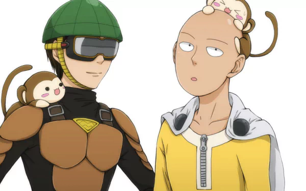 HD anime desktop wallpaper featuring Mumen Rider and Saitama from One-Punch Man, showcasing their distinct character designs and expressions.