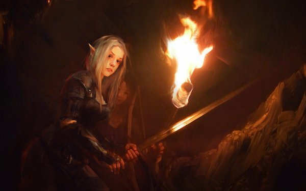 Fantasy Elf Woman Warrior Sword Torch HD Wallpaper | Background Image