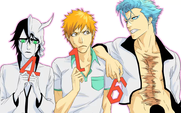 A vibrant 4K Ultra HD wallpaper featuring characters Grimmjow Jaegerjaquez, Ulquiorra Cifer, and Ichigo Kurosaki from the anime Bleach, holding up numbers 4 and 6.