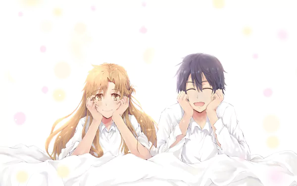 HD desktop wallpaper featuring Kirito and Asuna from Sword Art Online in a bright, soft anime style background.