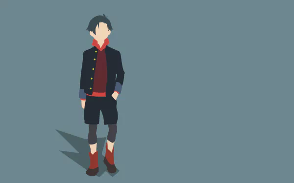 Minimalist HD PC desktop wallpaper of Yūta Iridatsu from Punch Line — stylized full-body anime figure in a red hoodie, dark jacket and boots against a muted blue background.