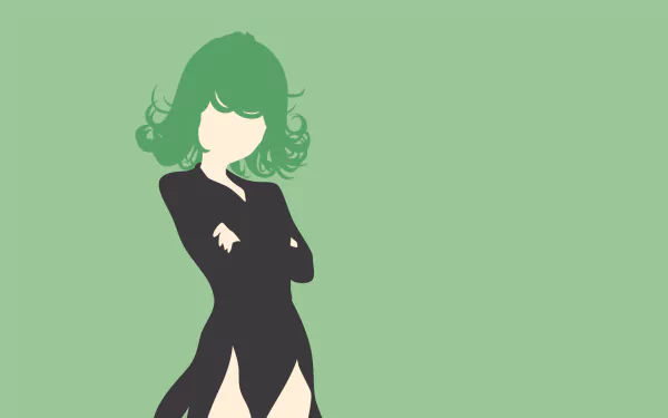 Minimalist anime wallpaper featuring Tatsumaki from One-Punch Man, showcasing her green hair and black dress against a soft green background.