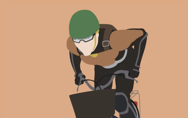 Minimalist anime-style HD wallpaper of Mumen Rider from One-Punch Man, featuring him in gloves, glasses, and a green helmet riding a bicycle.