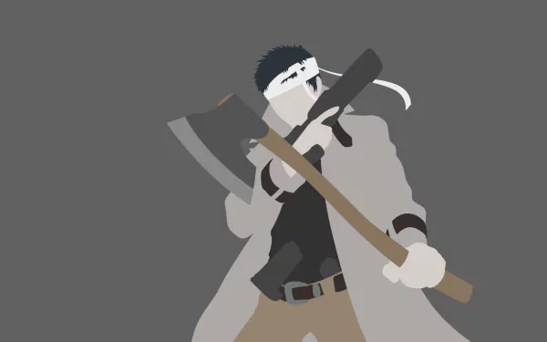 A minimalist anime design featuring Zombieman from One-Punch Man, holding an axe and a pistol, dressed in a coat with black hair against a grey background.