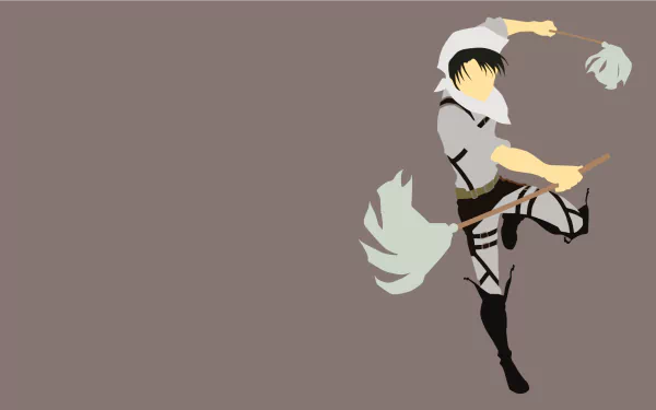 HD desktop wallpaper featuring Levi Ackerman from the anime Attack on Titan, shown in a minimalistic style with cleaning tools against a solid background.