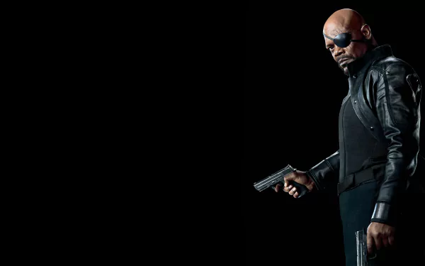 HD desktop wallpaper featuring Samuel L. Jackson as Nick Fury from Avengers, wearing a black eye patch and holding a gun against a black background.
