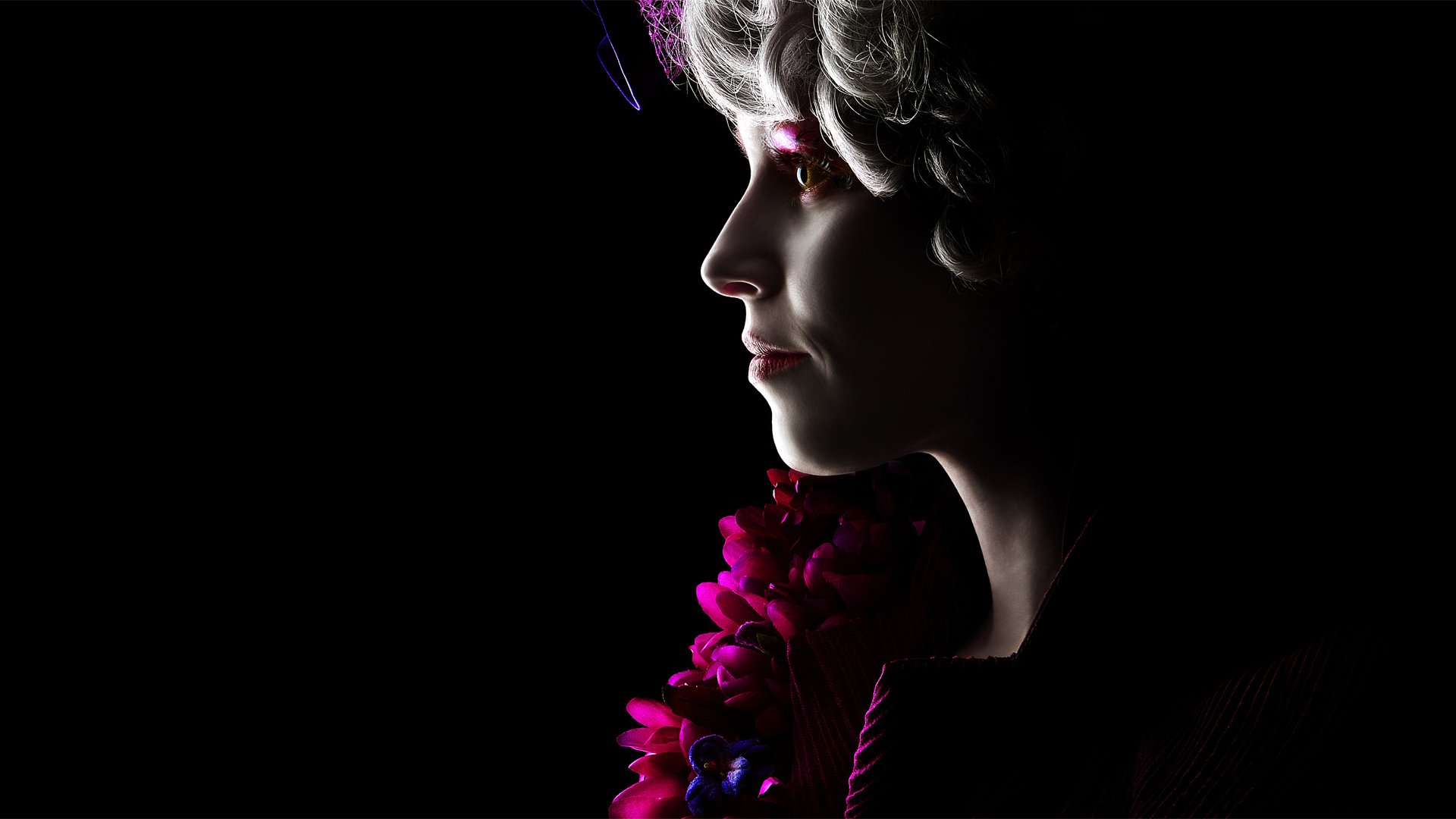 HD PC desktop wallpaper featuring a dramatic side profile of a character from the movie The Hunger Games against a dark background with vibrant purple accents.