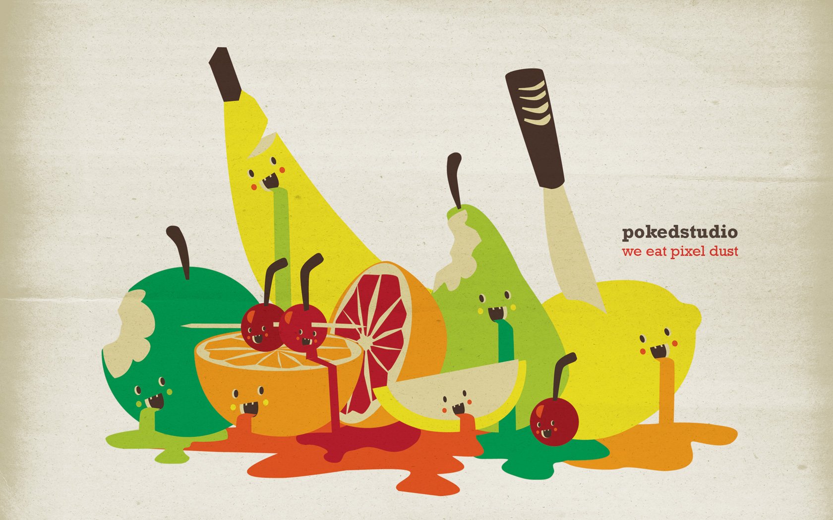 HD PC desktop wallpaper featuring playful, cartoon-style fruit characters with happy faces and a cheerful, colorful design.