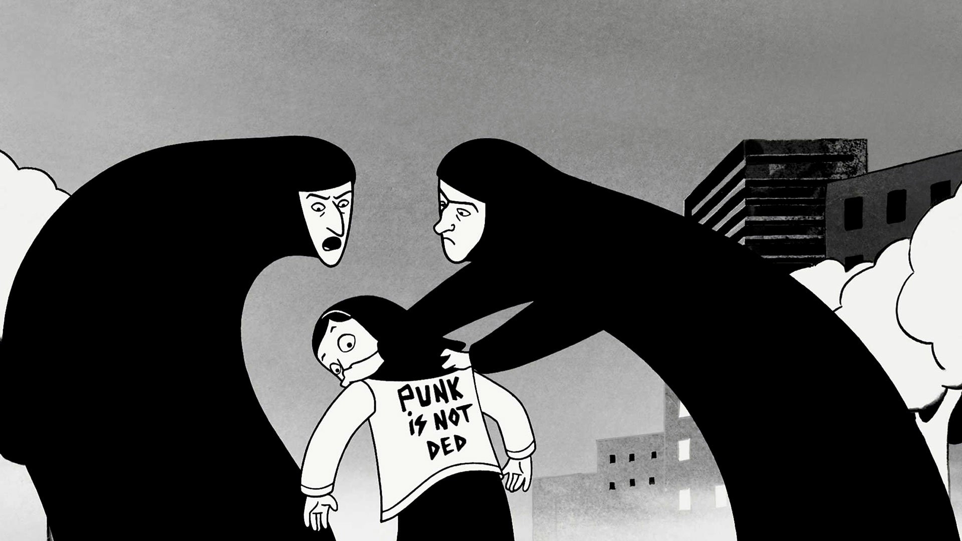 HD PC desktop wallpaper from the movie Persepolis: black-and-white illustration of two veiled women confronting a youth wearing a PUNK IS NOT DED shirt against a city skyline.