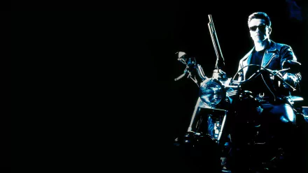 Arnold Schwarzenegger on a motorcycle from Terminator 2: Judgment Day, depicted in a striking HD wallpaper against a dark background.