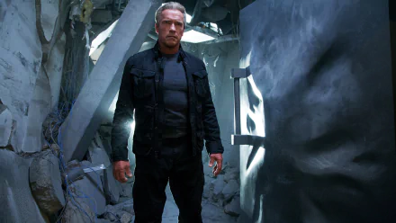 HD PC desktop wallpaper from the movie Terminator Genisys: a stoic man in a black tactical jacket stands amid shattered concrete and dramatic backlighting.