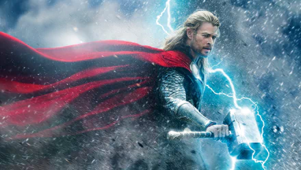 HD wallpaper of Chris Hemsworth as Thor in Thor: The Dark World, wielding his hammer amidst a stormy backdrop with lightning and dramatic elements.