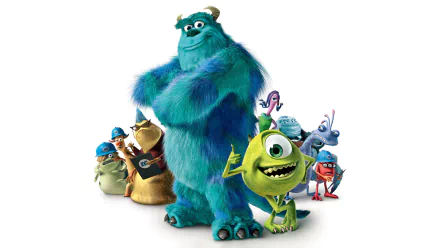 Colorful HD wallpaper featuring characters from Monsters, Inc., including Sulley, Mike, and other monsters, set against a clean background for an energetic vibe.