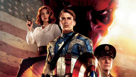 A dynamic scene from Captain America: The First Avenger, featuring Captain America, Red Skull, and Peggy Carter against a backdrop of American patriotism.